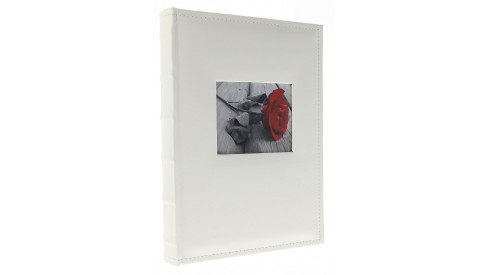 Vysoký kožený fotoalbum 10x15/300 s popisom WHITE W s výrezom na fotku