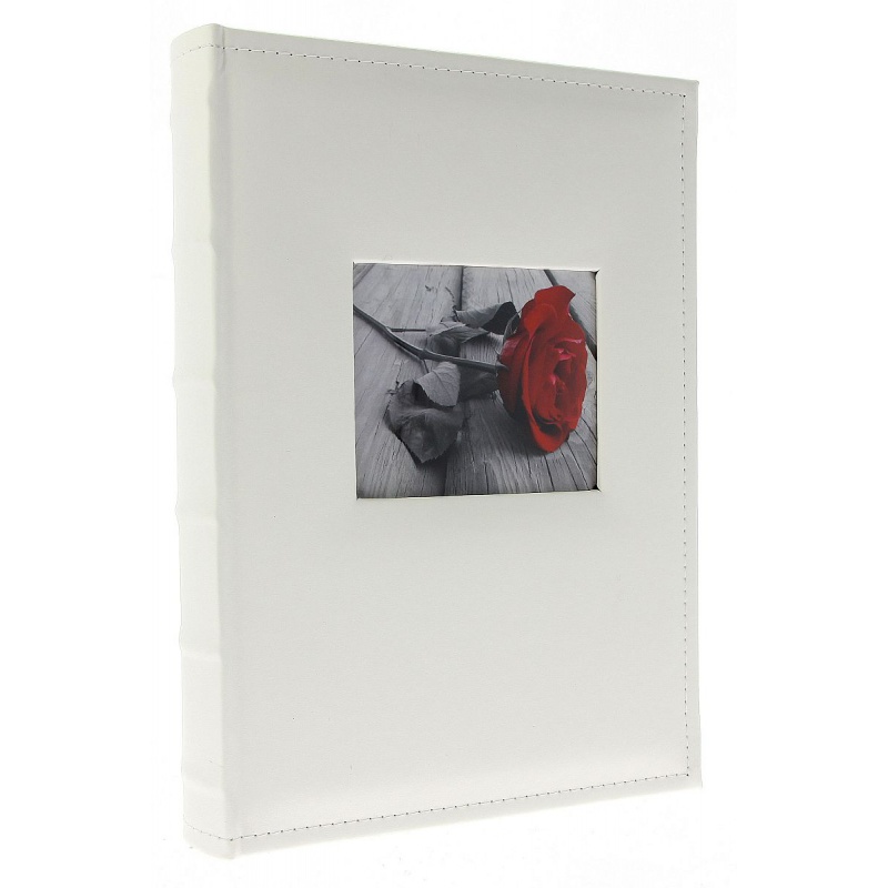 Vysoký kožený fotoalbum 10x15/300 s popisom WHITE W s výrezom na fotku